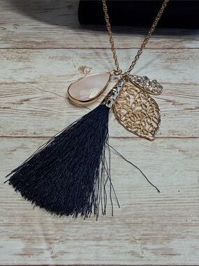 Gold Leaf Pendant Necklace with Black Tassel and Rose Quartz Teardrop